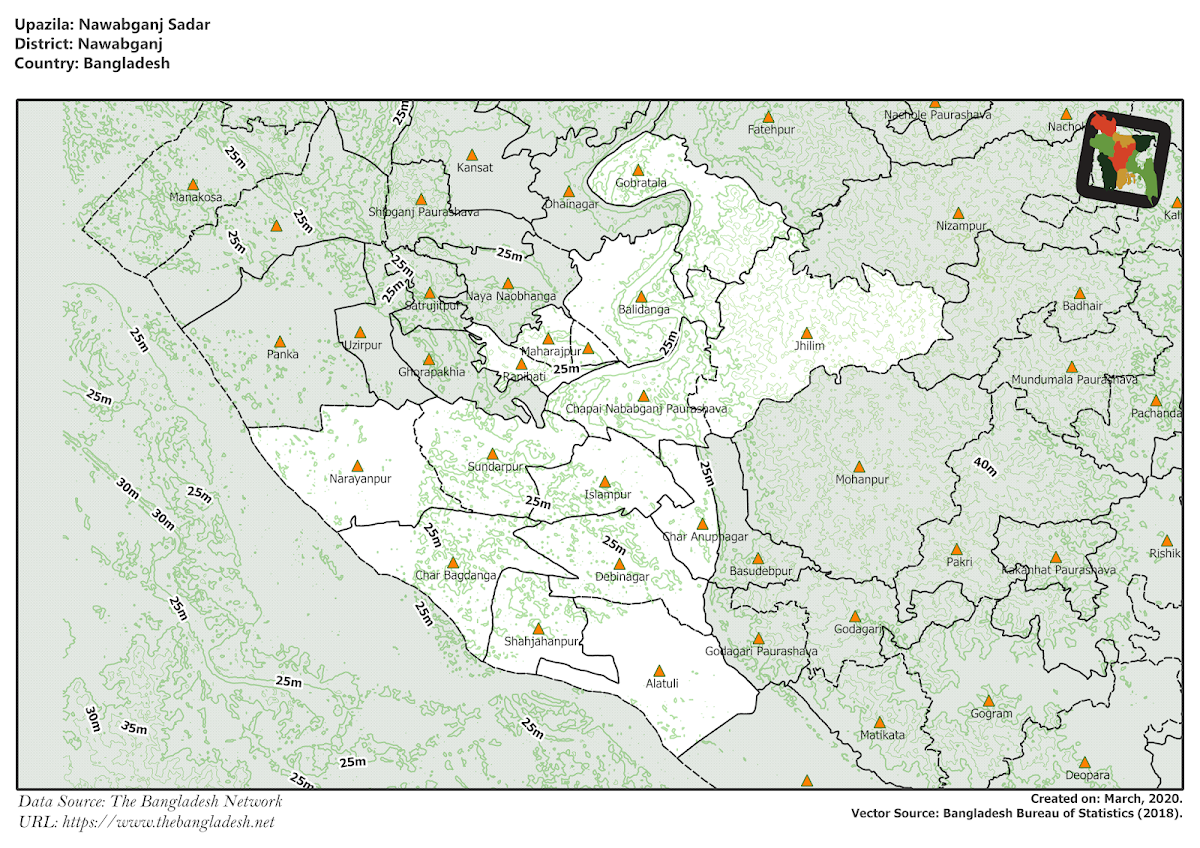 Nawabganj Sadar Upazila Elevation Map Nawabganj District Bangladesh