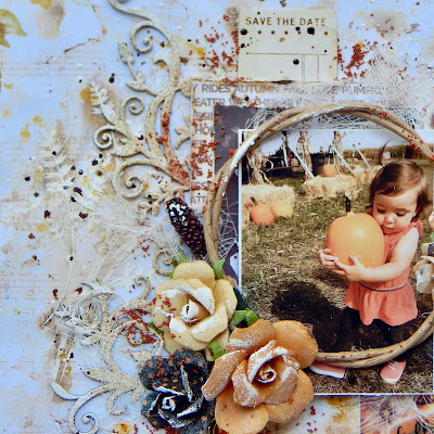 Scraps of Elegance scrapbook kits Video Tutorial: Mixed Media Fall Layout- A Sept. Falling Leaves Kit project by Sandi Clarkson. Blue Fern Studios Amber & Apricot