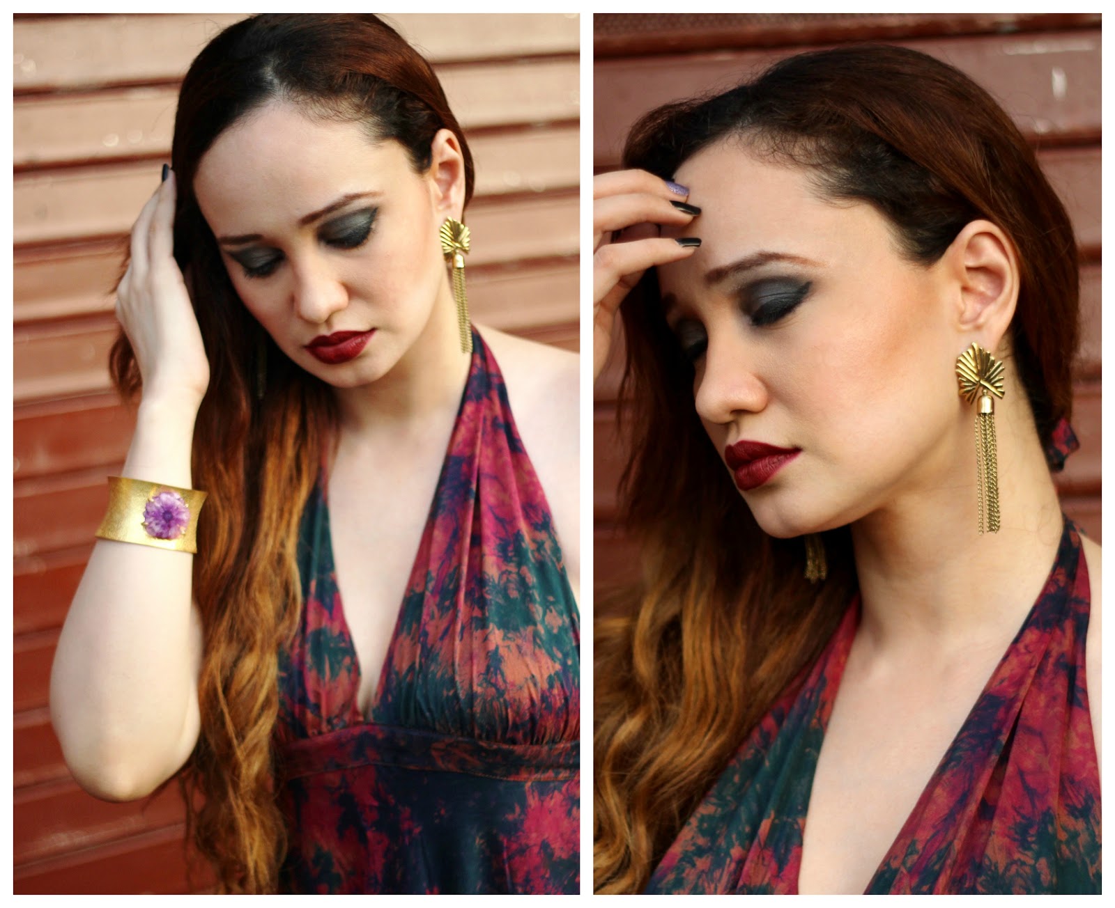 Gold Hand-Cuff, Gold Tassel Earrings, Mac Diva,Bordeaux Lips ,Smokey Eyes 