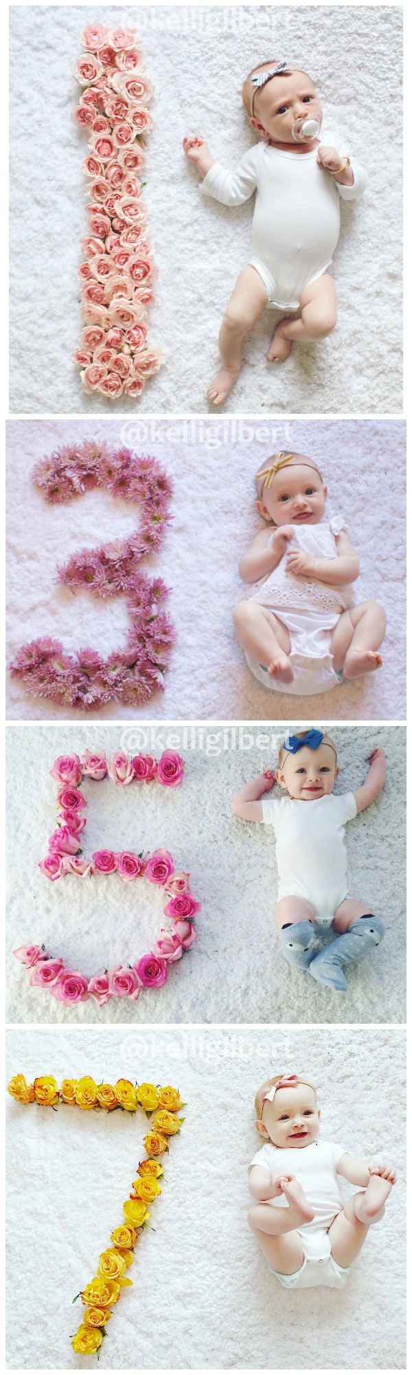 Ideas para fotos mensuales de bebés con pétalos de flores.
