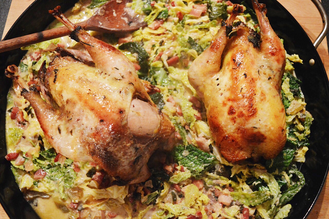 Pheasants with cider and bacon recipe, food bloggers uk, easy pheasant recipe