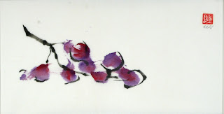 Who Creates Art? blog illustration of Sumi-e painting of purple flowers on branch