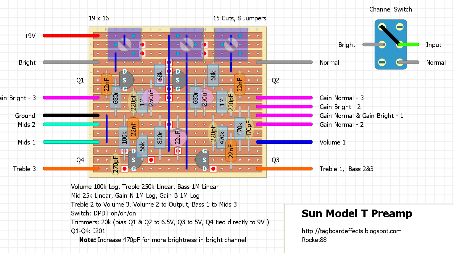 Guitar FX Layouts: Sunn Model T (1st Gen) Preamp active guitar wiring schematics 