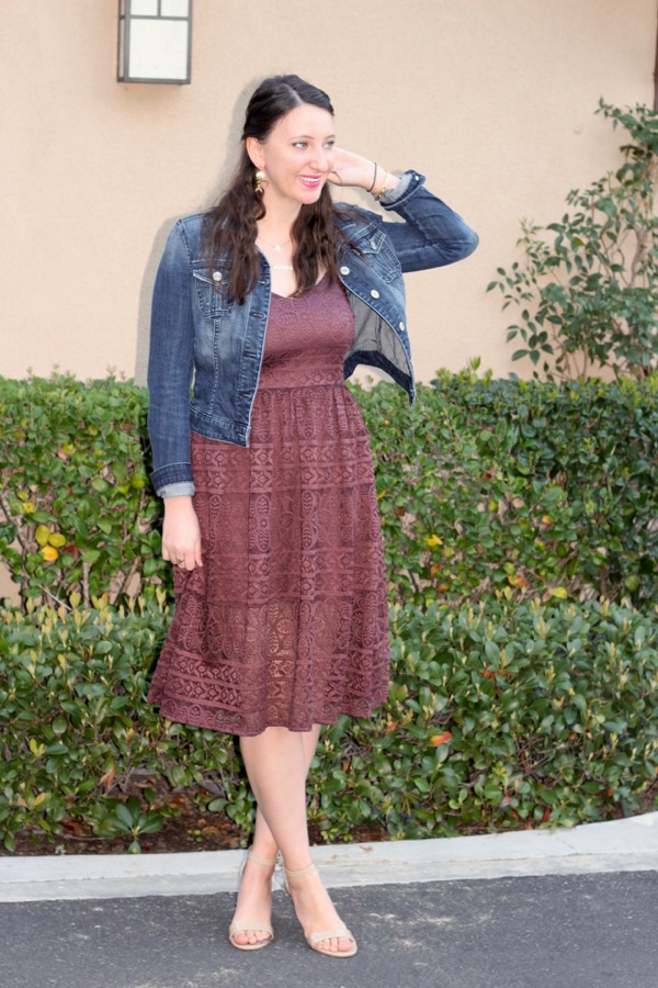 LunaVida Lace Place Denim Jacket + Midi Dress + Ankle Strap Heels
