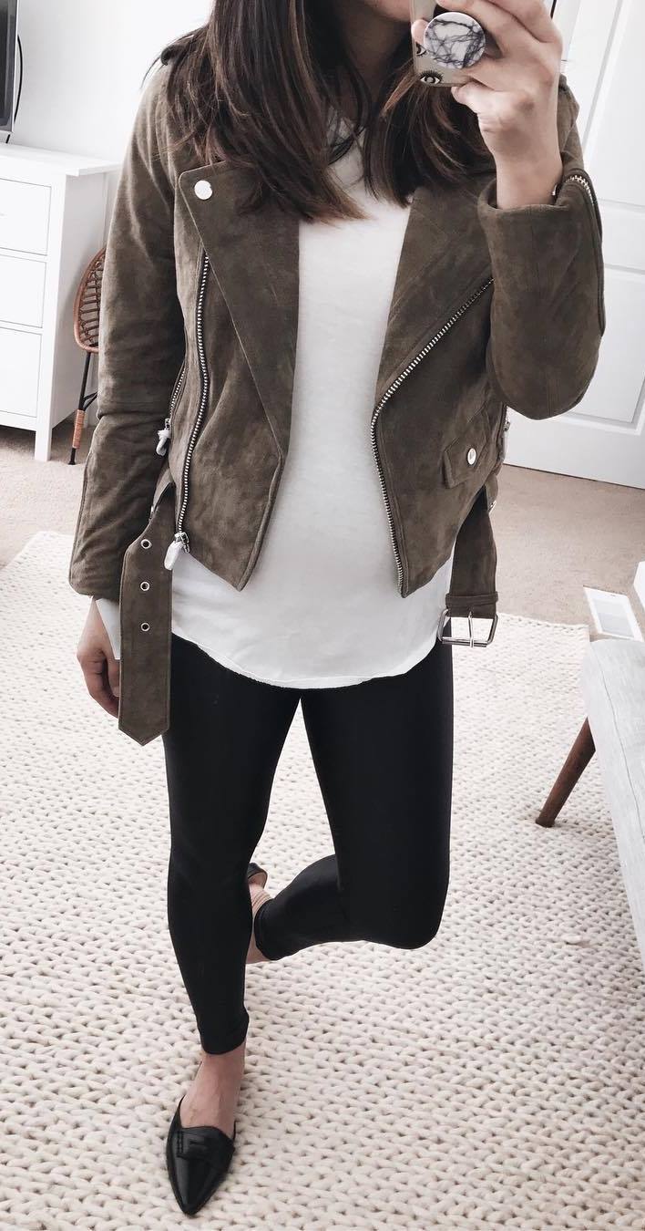 awesome outfit idea / biker jacket + tee + skinnies + loafers