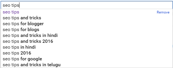 YouTube search suggestions for "seo tips"