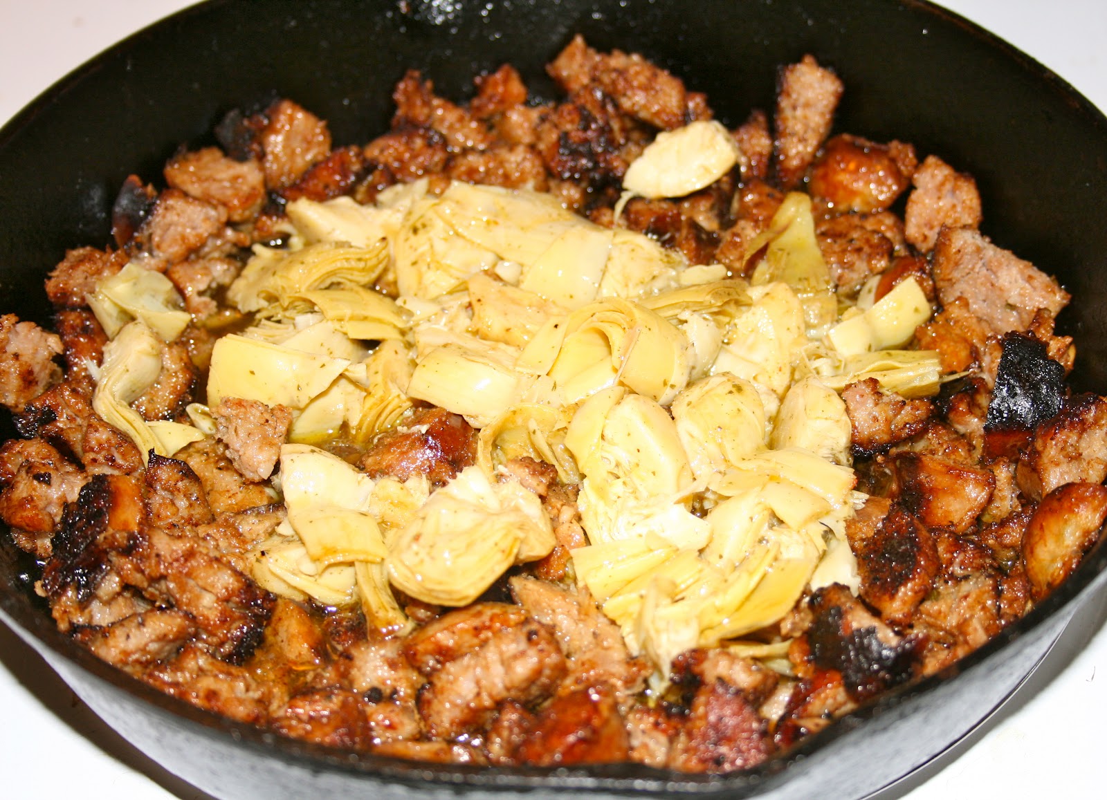 A Tiny Homestead Pasta with Spicy Italian Sausage and Artichoke Hearts