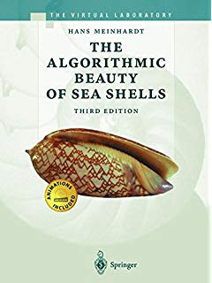 Cover image of book, "The Algorithmic Beauty of Sea Shells", with a single large patterned shell at center.