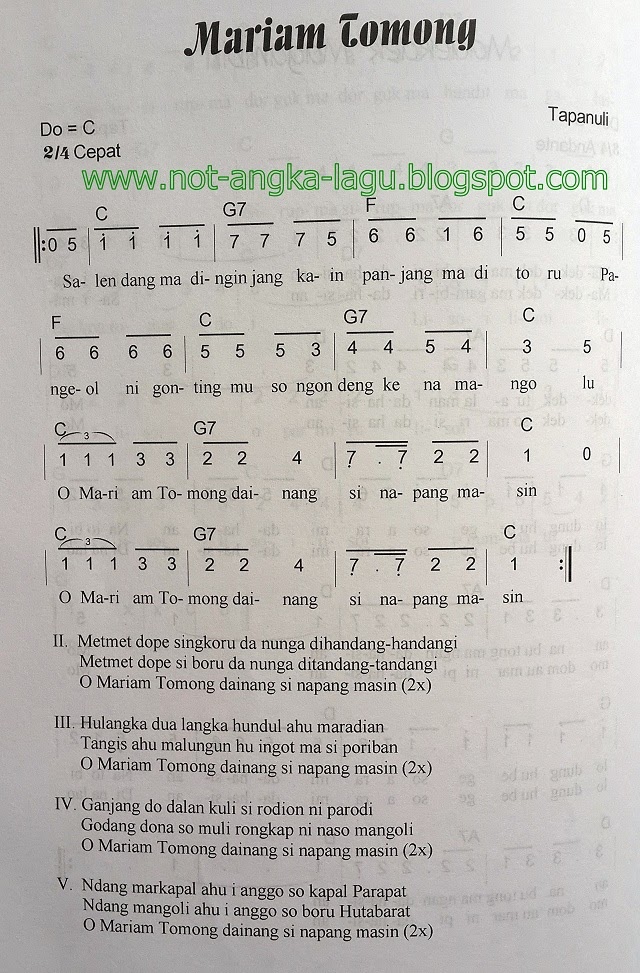 Not Angka Lagu Mariam Tomong Not Lagu Terbaru