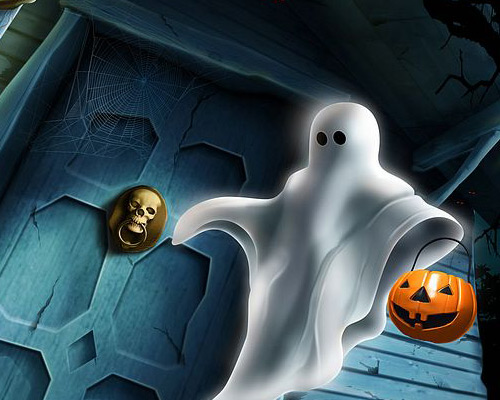 Fantasma con la zucca di Jack O' Lantern  bussa alla porta  che ha batacchio a forma di teschio