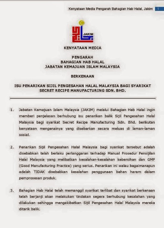 JAKIM TARIK BALIK SIJIL HALAL SECRET RECIPE?