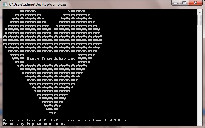 C++ Program to Print Heart Shape With Happy Friendship Day Message inside it