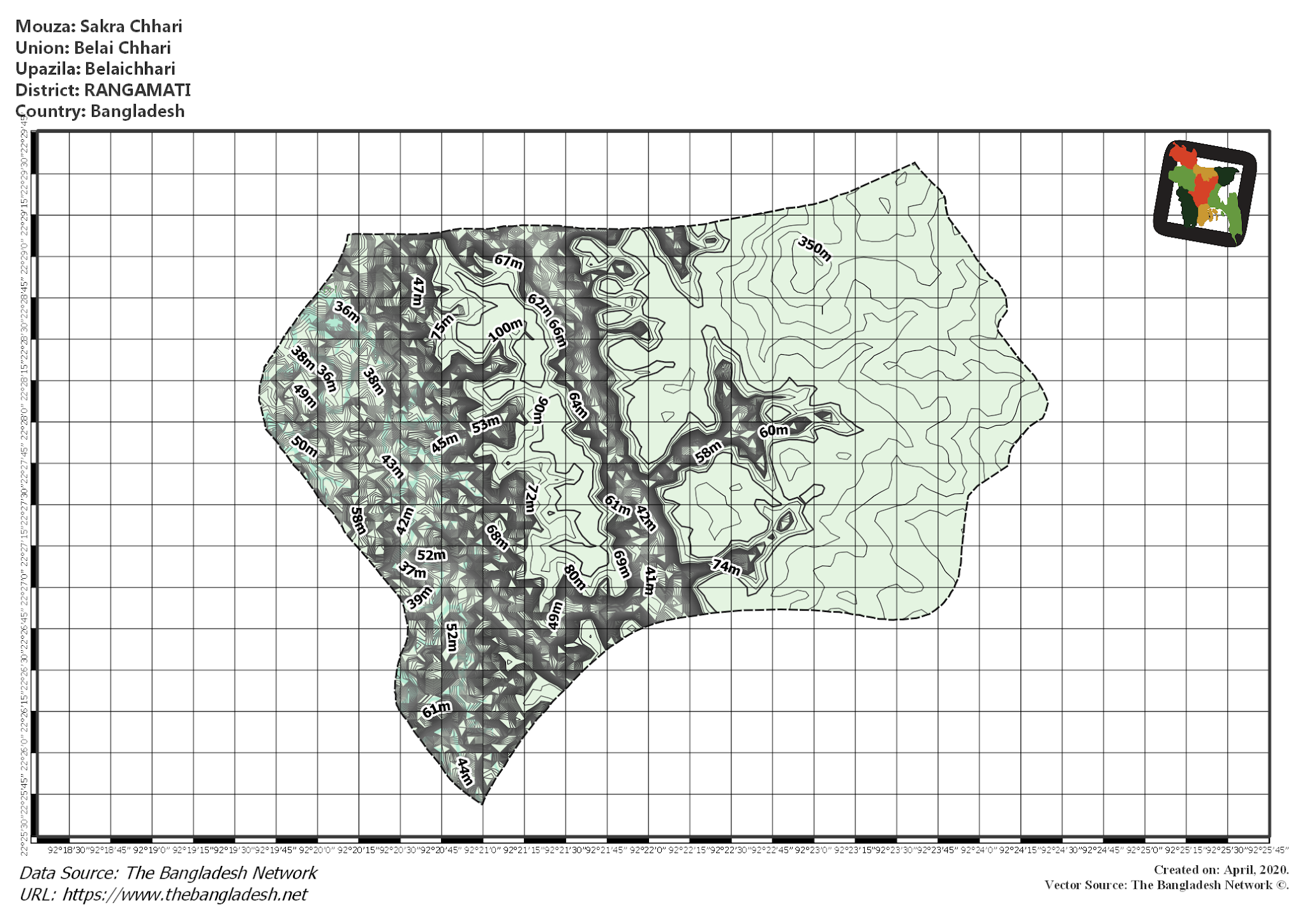 Map of Sakra Chhari Mouza of Belaichhari Upazila, RANGAMATI, Bangladesh.