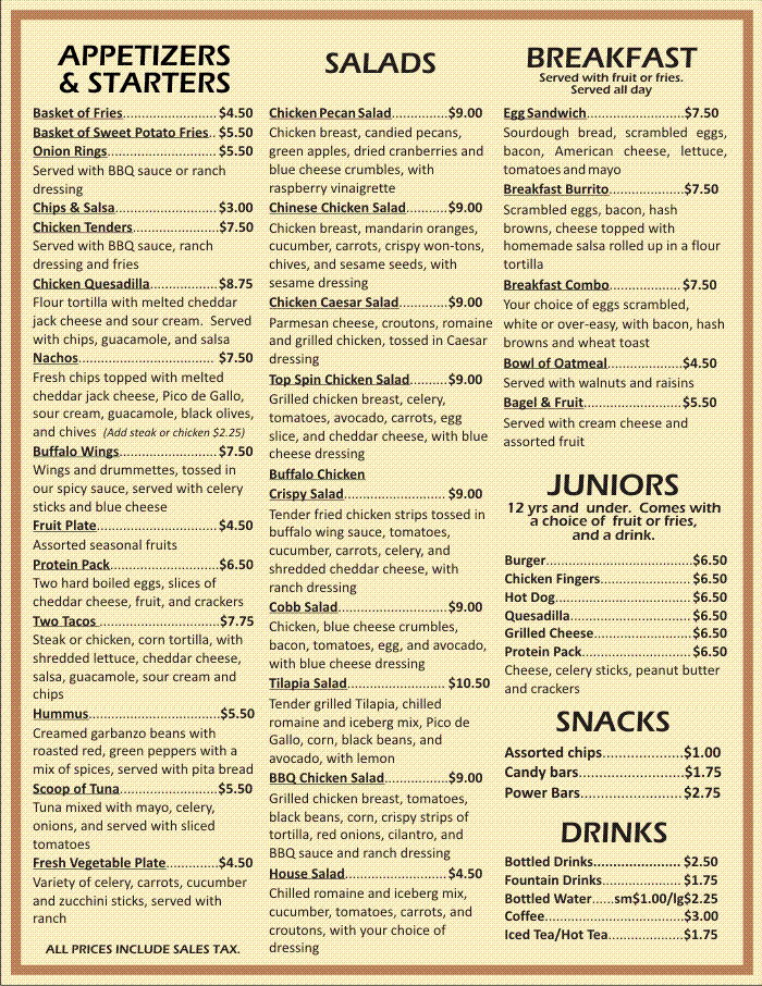 Racquet Club of Irvine RCI Top Spin Bar & Grill Menu