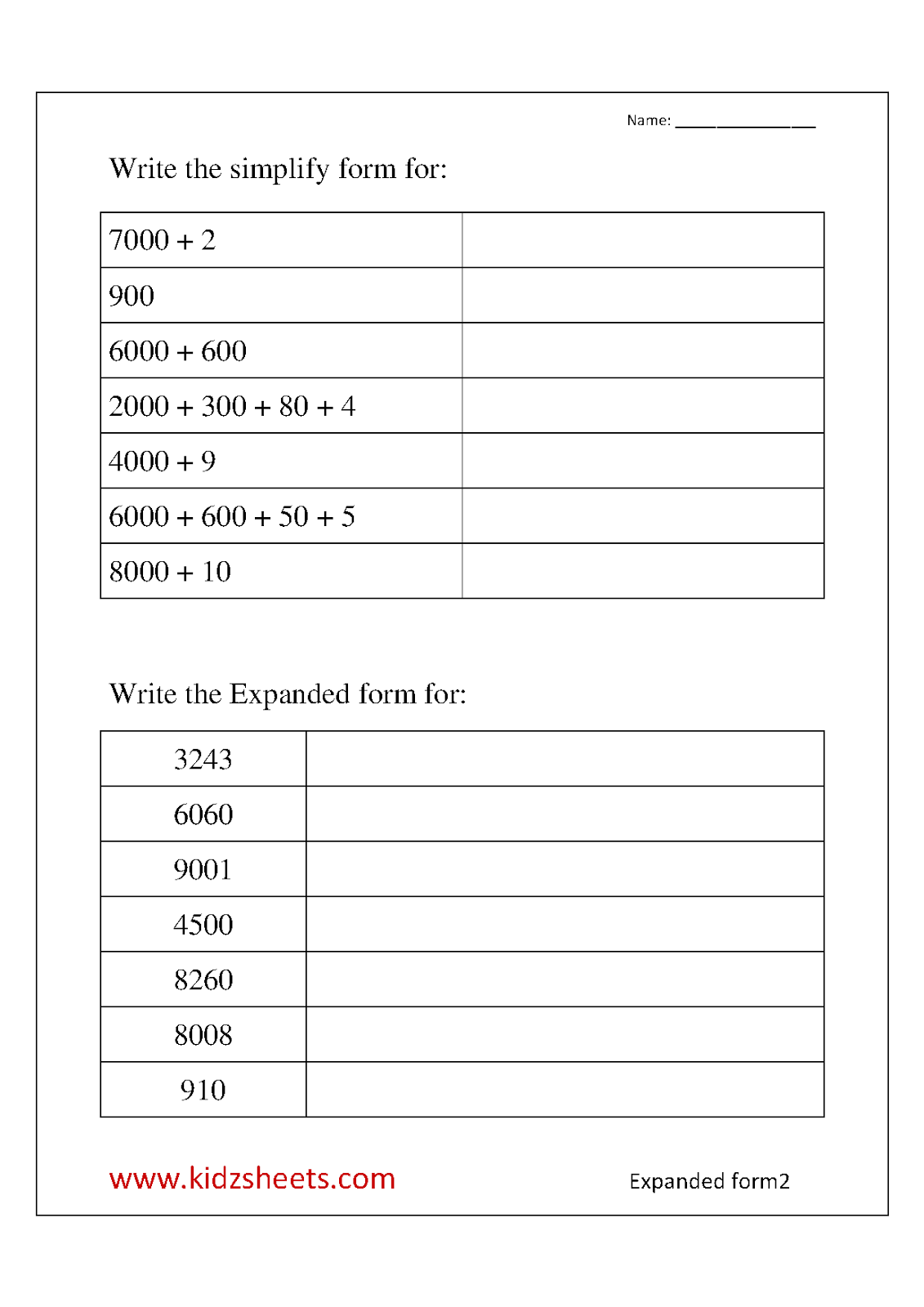 Kidz Worksheets: Third Grade Expanded Form Worksheet2