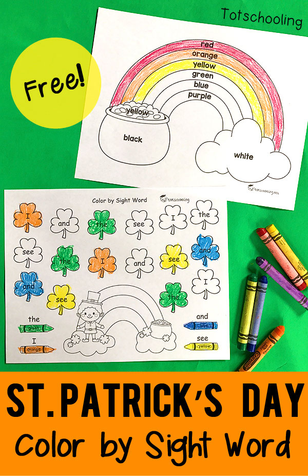 FREE St. Patrick's Day themed sight word coloring activity sheets for preschool and kindergarten, featuring rainbows, shamrocks and a leprechaun!