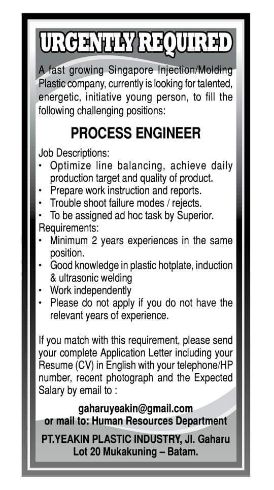 Lowongan Kerja PT. Yeakin Plastic Industry Lowongan