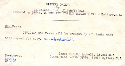 Queens Own Dorsetshire Yeomanry Field Battery Orders; gas masks