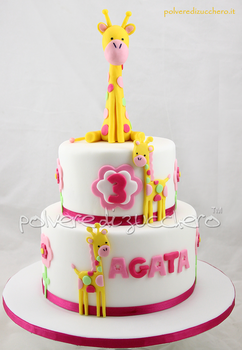 cake design pasta di zucchero torta decorata compleanno bimba torta a piani giraffe polvere di zucchero