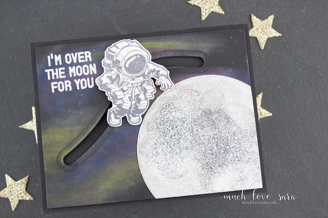 This interactive card features the Brand new In Motion Dies, as well as the I Believe Stamp Set from Fun Stampers Journey.   With the fun galaxy background, and shiny and sparkly moon, this card is very fun!  