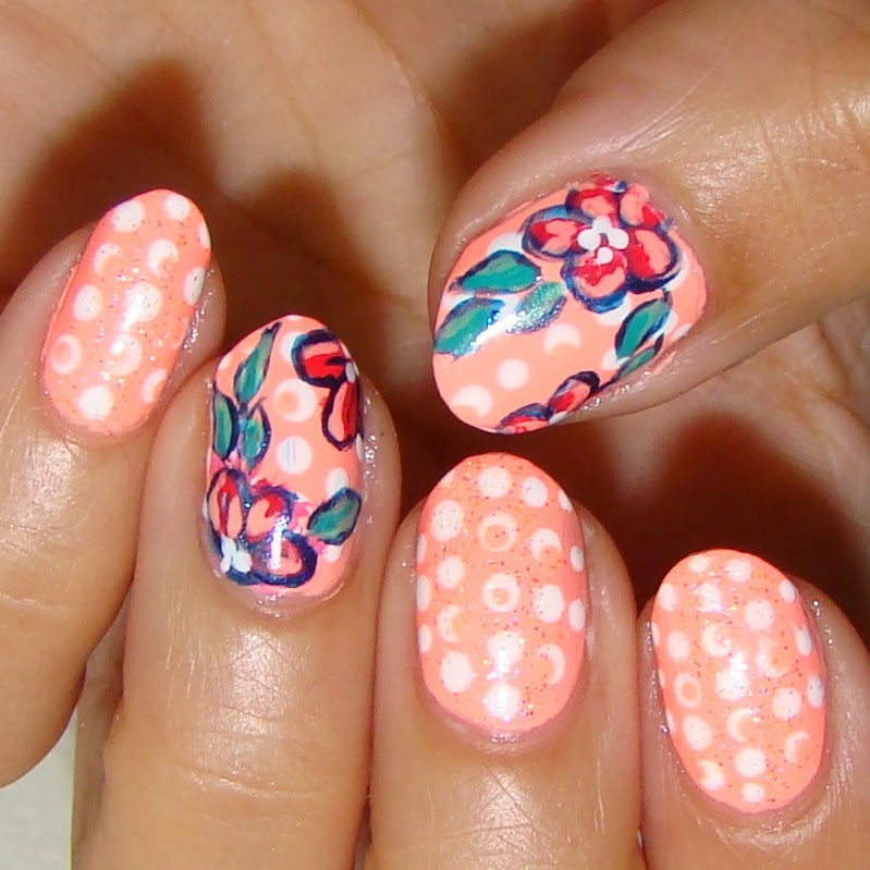 Bright Neon Peach Doticure and Flowers