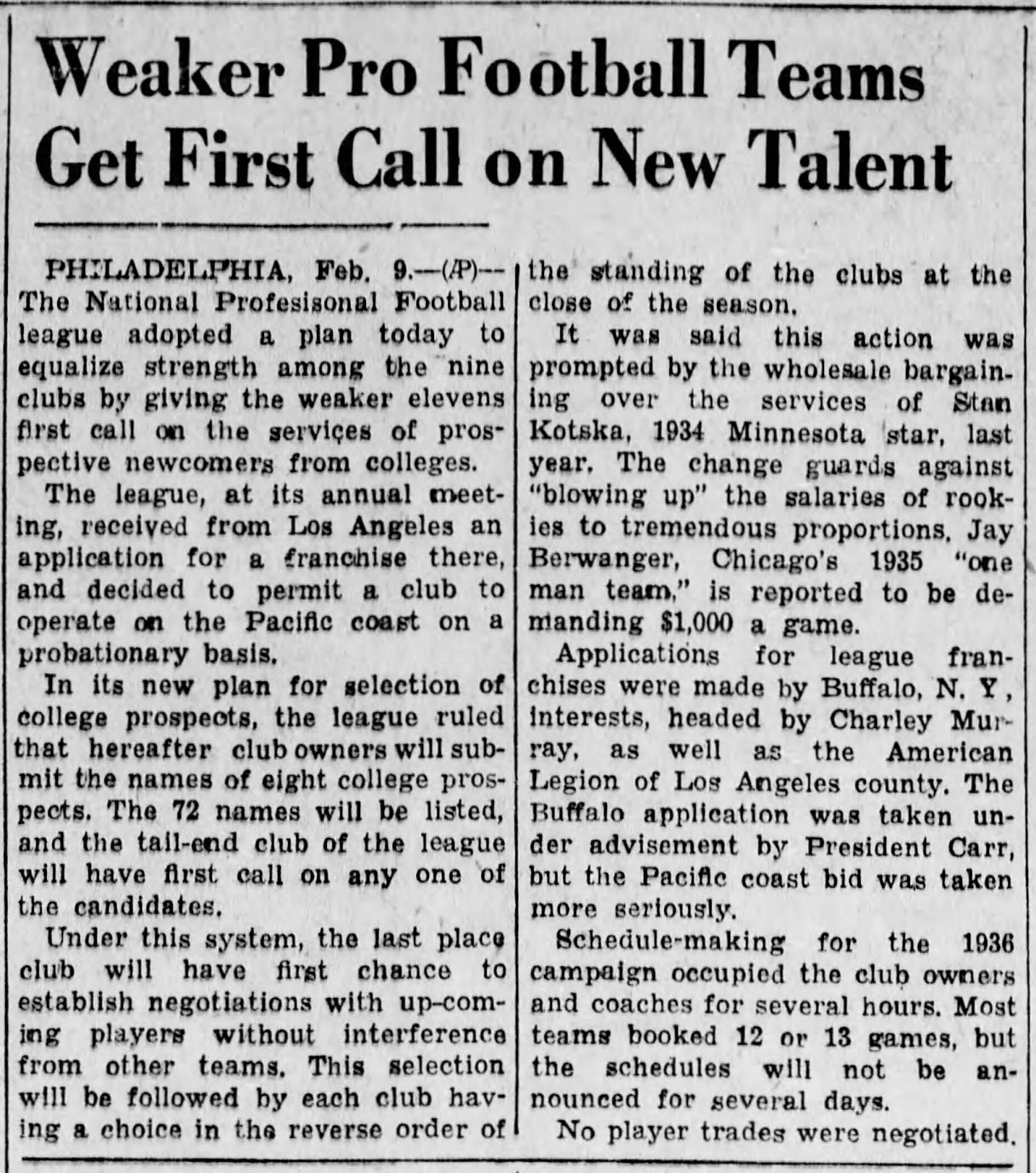 Pro Football Journal First NFL Draft (1936)