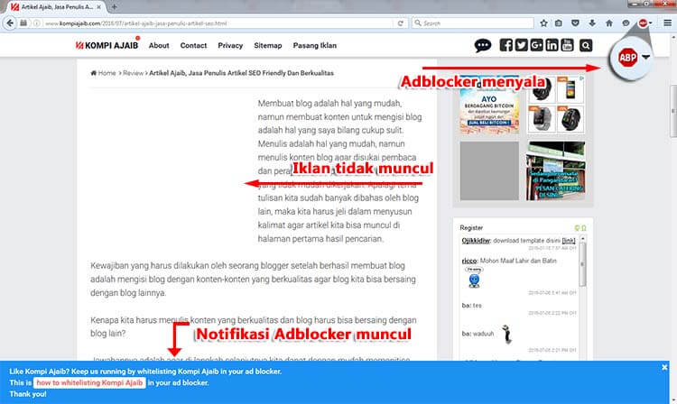 Notifikasi Untuk Pengguna Adblocker Adsense