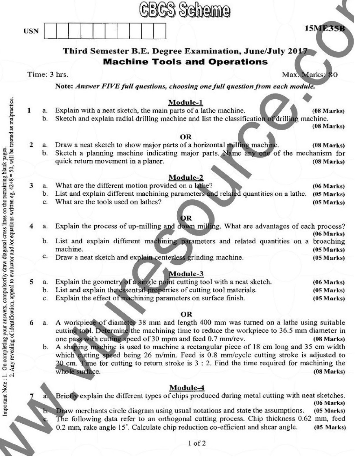 VTU BE 3rd Semester Mechanical Question Paper Machine Tools and