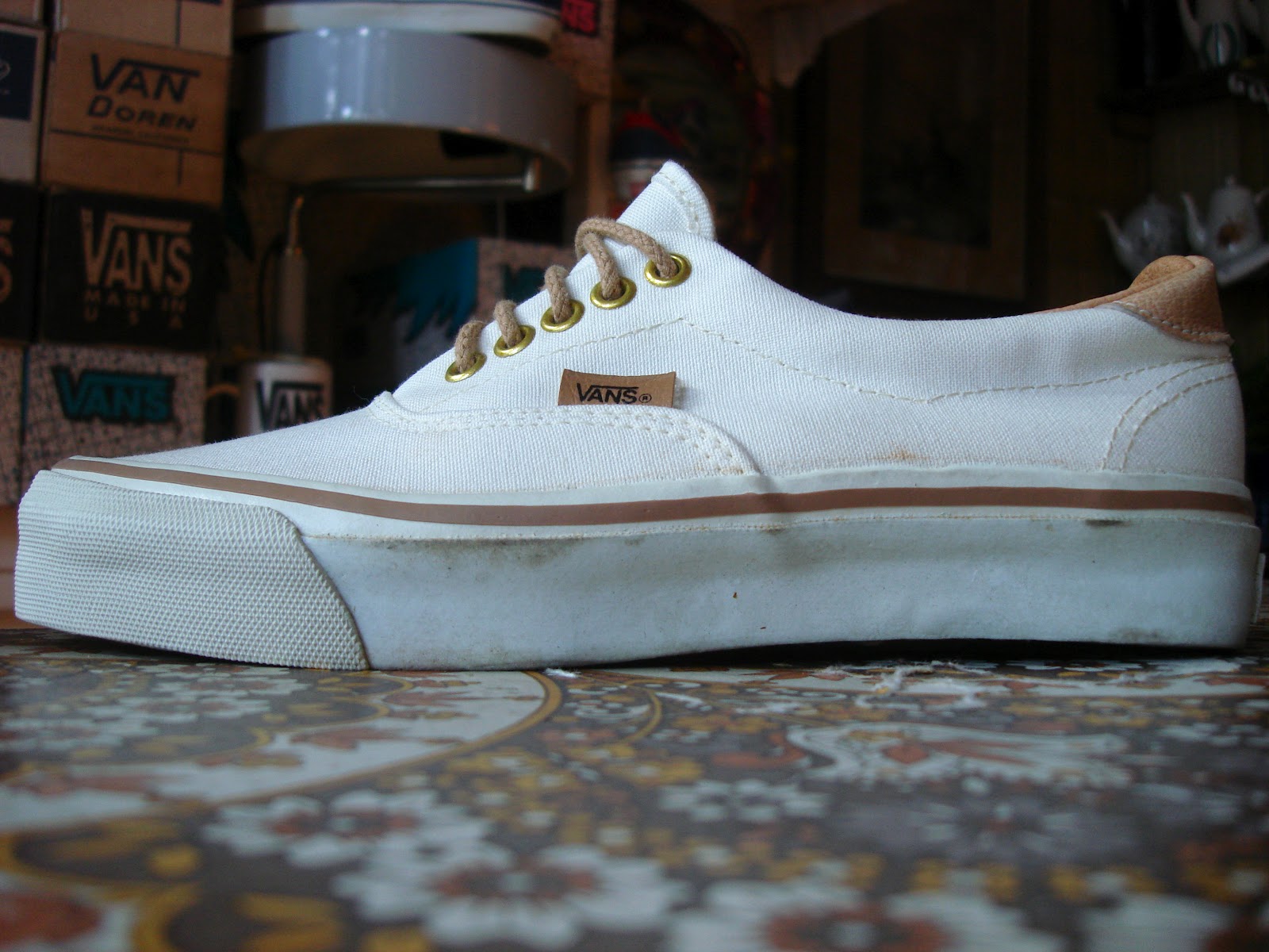 theothersideofthepillow: vintage VANS white canvas tan foxing leather accents style #59 era MADE
