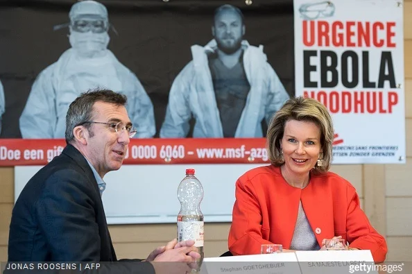 Stephan Goetghebuer, Queen Mathilde of Belgium attend a round table discussion organized by Medecins Sans Frontiere regarding medical and humanitarian needs worldwide, and the Ebola-epidemic