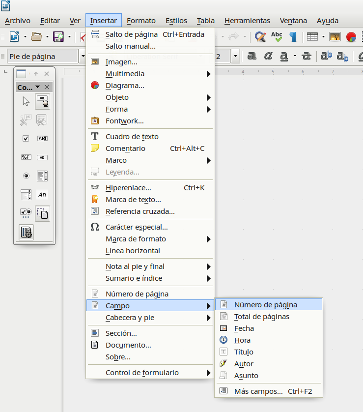 Cotidiana Place: LibreOffice: Portada y página siguiente con número 1