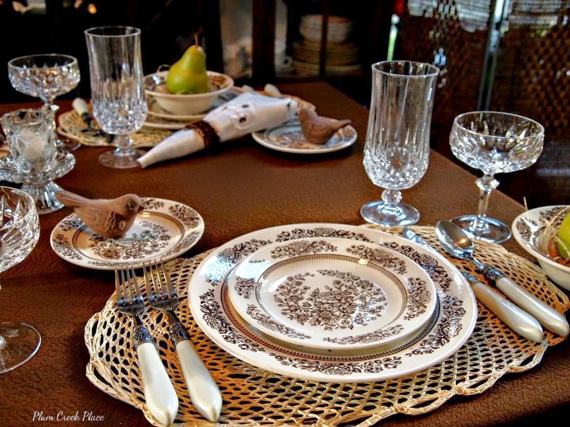 Vintage china, crystal stemware, brown and white tablescape, Fall tablescape, tablescape, 
