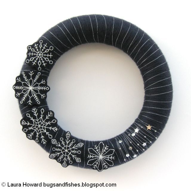 Embroidered Snowflakes Wreath Tutorial for Winter or Christmas add beads and sequins to the wreath