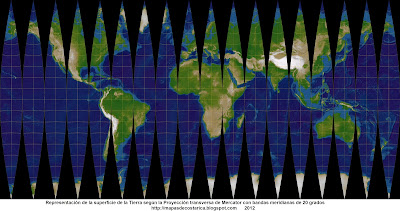 3. Representacion de la superficie de la Tierra segun la Proyección transversa de Mercator con bandas meridianas de 20 grados, mapa grande 4117 x 2048 px 