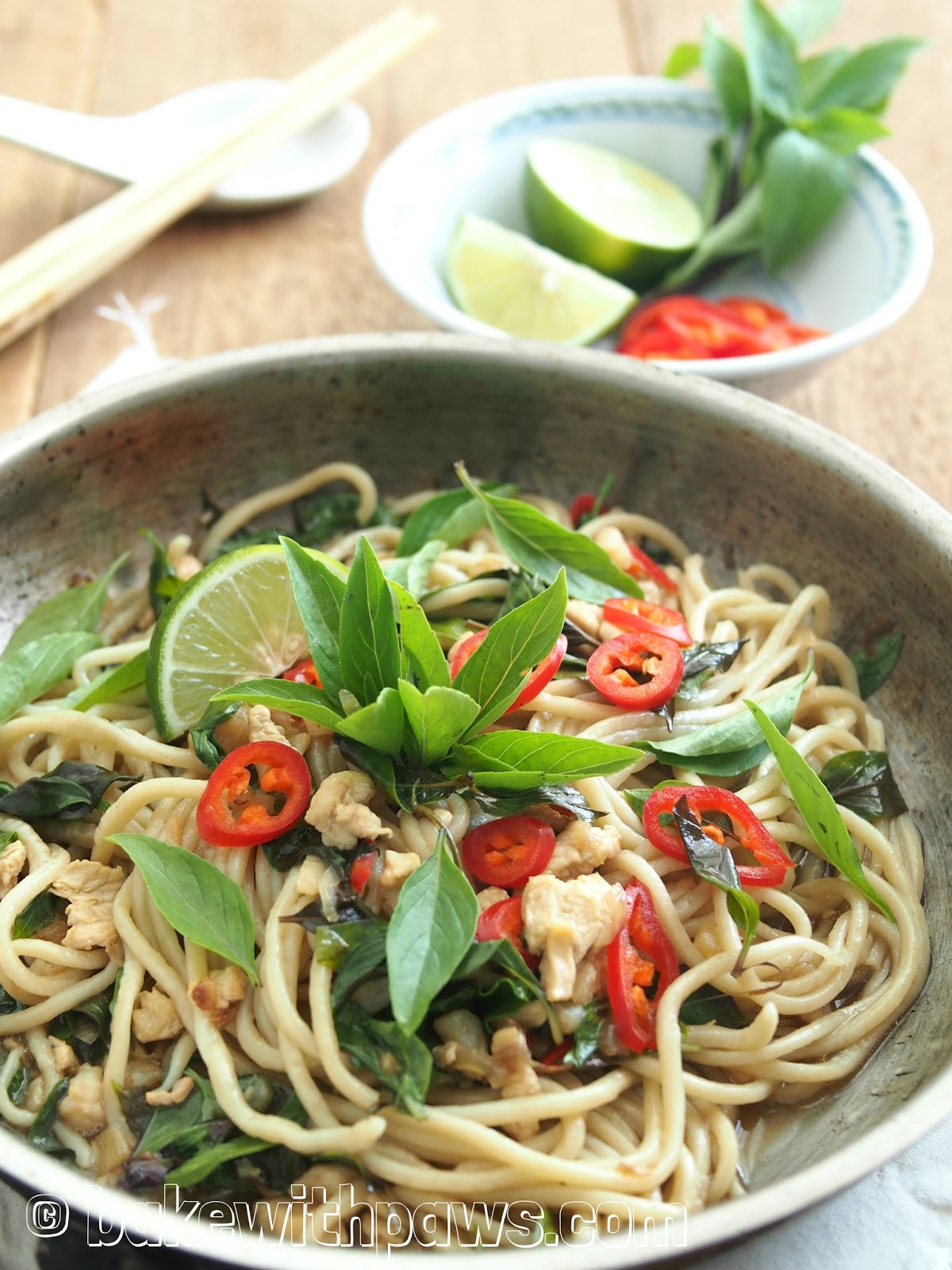 Homemade Noodles with Thai Basil Chicken & Prawn BAKE WITH PAWS