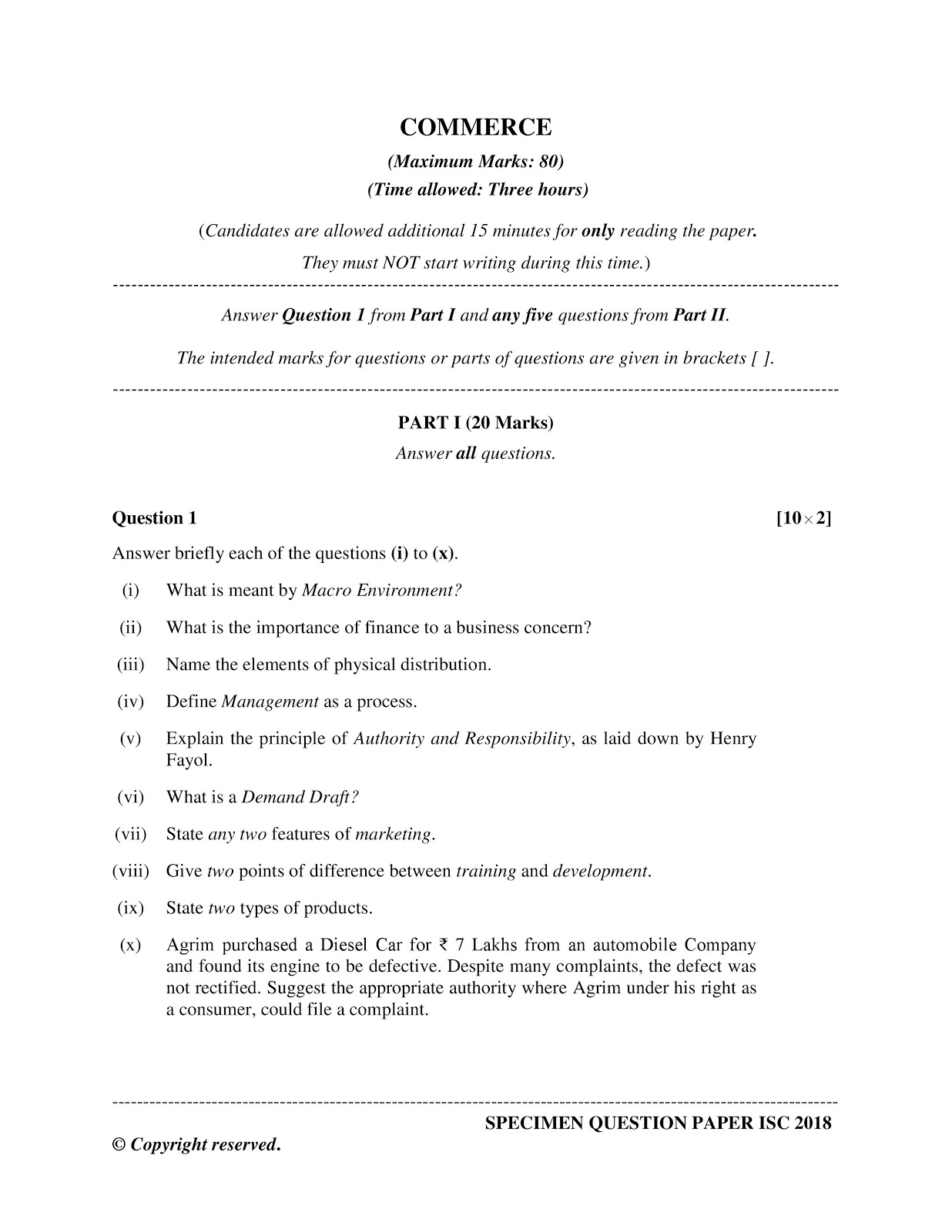 isc 2018 class 12th commerce Sample question paper isc 2018 class 12th Commerce Specimen paper