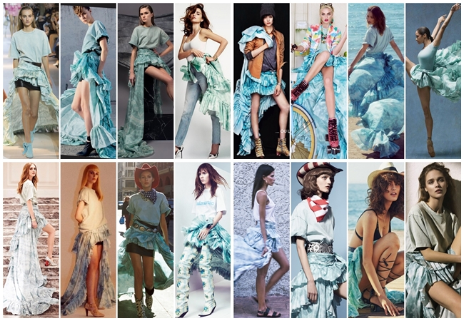 2016 SS Roberto Cavalli Tie-Dye Silk Taffeta Waterfall High Low Skirt 17 Looks Roberto Cavalli涼感水色高低裙 撞衫