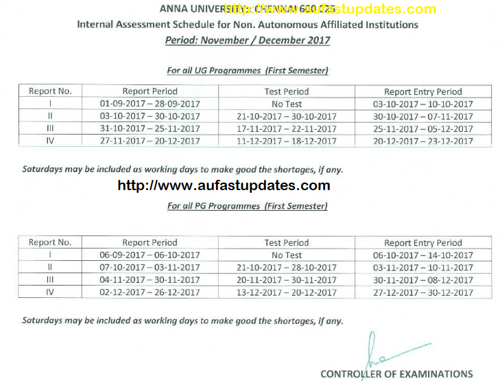 Anna University 1st Year Internal Assessment Schedule for August - December 2017 Examinations Anna University 1st Year Internal Assessment Schedule for August - December 2017 Examinations