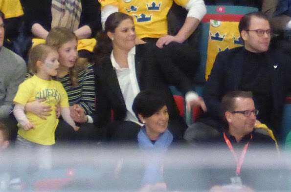 Crown Princess Victoria of Sweden, Prince Daniel and Princess Estelle of Sweden watch the Euro Hockey Tour game between Sweden and Finland at the Hovet Arena