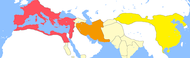 The three superpowers of 1 AD. Imperial Rome, (red) The Parthian Empire, (orange) and Western Han (Yellow) The Han and the Parthian empires both rose and fell contemporaneous to each other