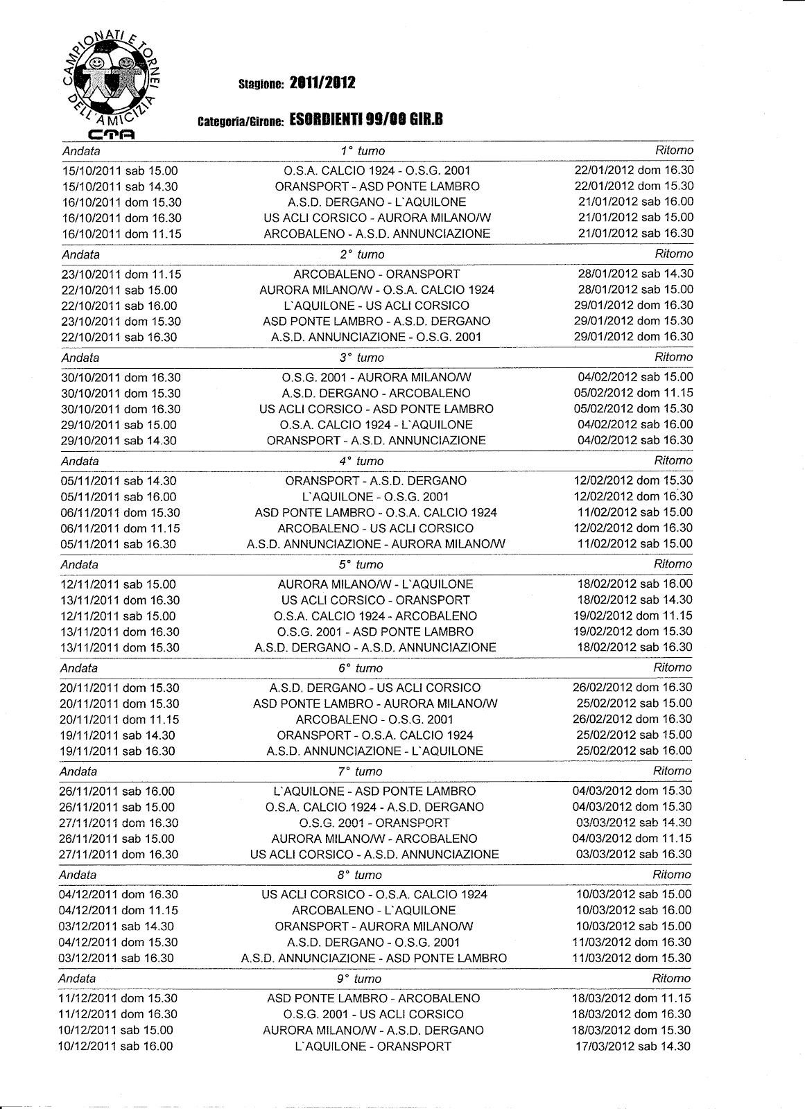 A.S.D. Aurora Milano Calcio Calendario Campionato Esordienti 1999