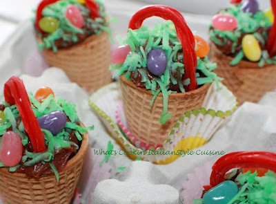 ice cream cone Easter Baskets decorated with candy, coconut and frosting