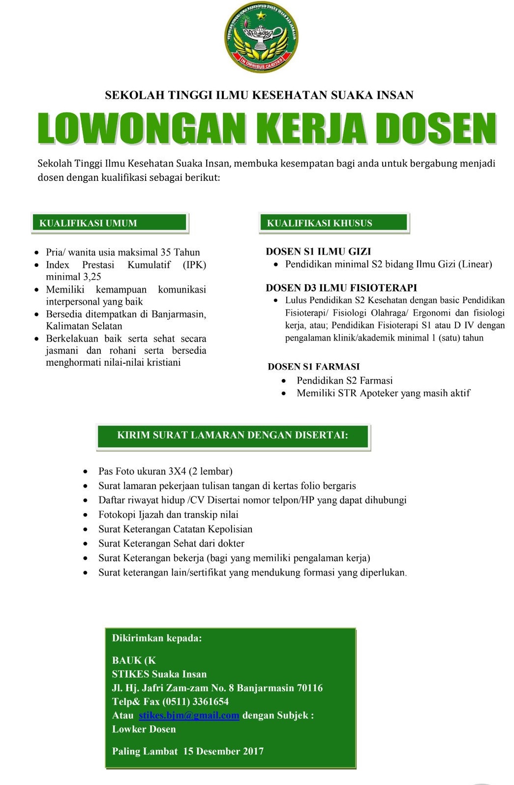 Lowongan Dosen Sekolah Tinggi Ilmu Kesehatan Suaka Insan - Lowongan