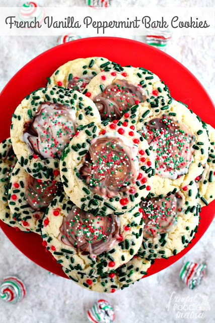 These festive 5 ingredient French Vanilla Peppermint Bark Cookies would be the perfect addition to Santa's cookie plate!
