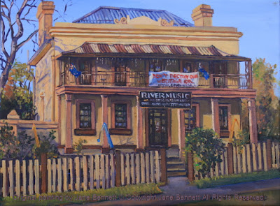 plein air oil painting of colonial heritage architecture, 'River Music' in Thompson's Square, Windsor,  painted by artist Jane Bennett