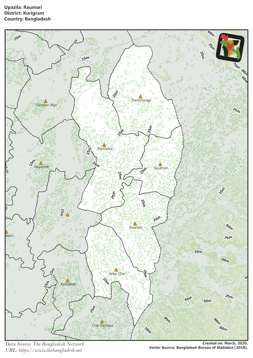 Rowmari Upazila Elevation Map Kurigram District Bangladesh