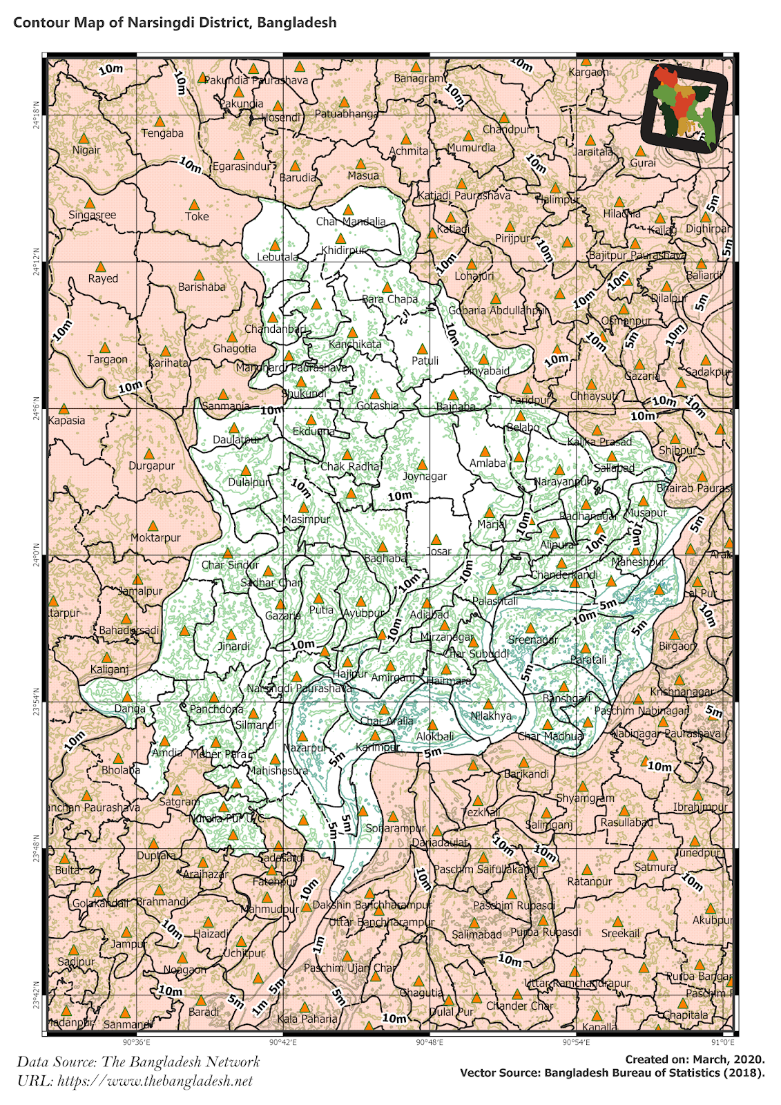 Elevation Map of Narsingdi District of Bangladesh
