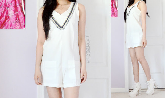 Morrisday the Label Fashion Review: Playsuits + Flowy Skorts An all-white outfit featuring the embroidered Little Liar playsuit from Morrisday the Label, paired with white platform booties for a summer-ready look.