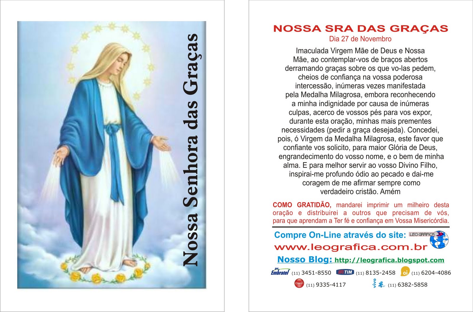LEO GRAFICA Gráfica de Santinhos para Promessa Nossa Senhora das Graças LEO GRAFICA Gráfica de Santinhos para Promessa Nossa Senhora das Graças