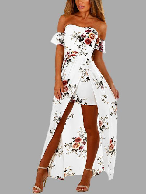 White Off Shoulder Random Floral Print Splited Dress White Off Shoulder Random Floral Print Splited Dress